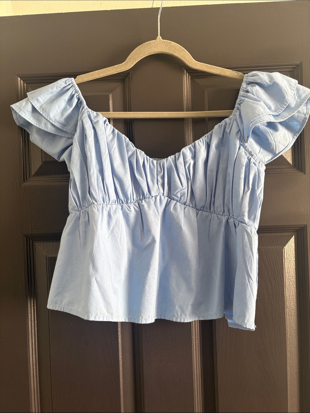Abercrombie & Fitch Light Blue Ruffle-Sleeve Crop Top